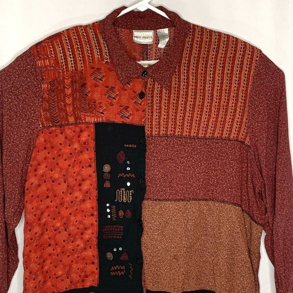 Nada Valley Womens Button Front Top Plus Size 2X Burgundy Black Patchwork - Picture 2 of 11